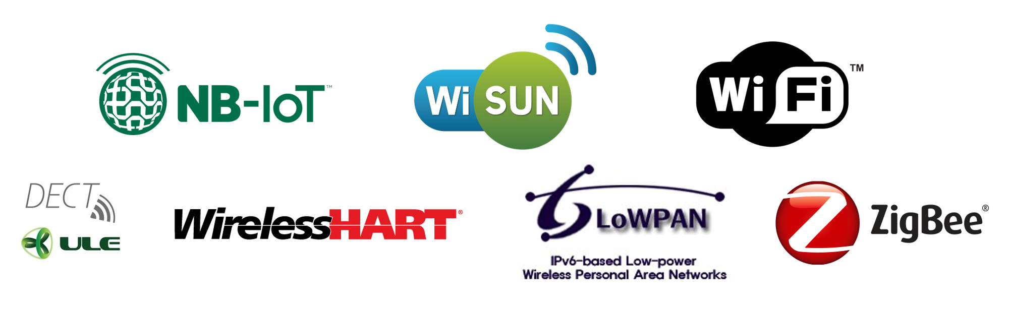 Logos NB-IoT, WiSUN, WiFi, DECUT ULE, WirelessHART, 6LoWPAN, ZigBee
